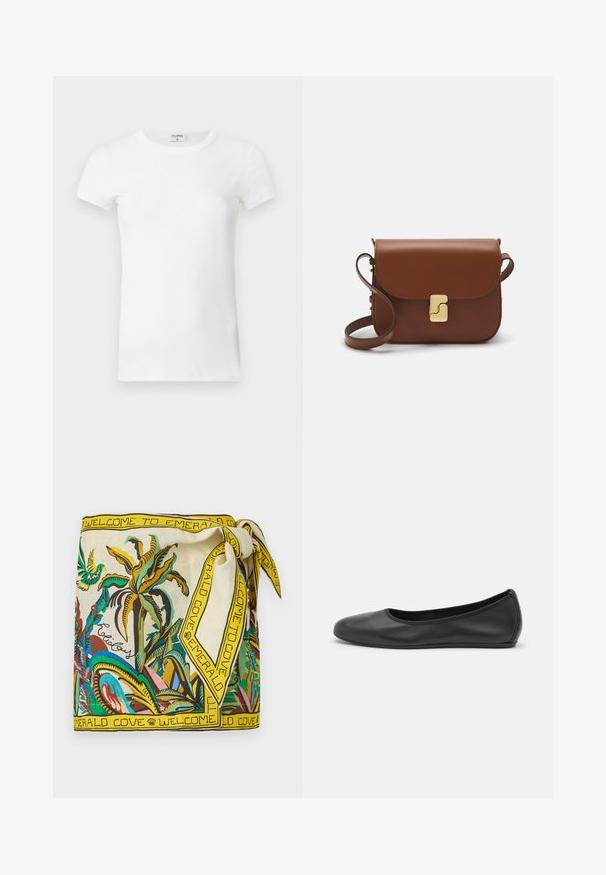 Biela rebrovaná tričko s krátkym rukávom a okrúhlym výstrihom. Tkanina vyzerá hladko s priliehavým strihom. Značková etiketa je viditeľná na golieri.; Hedvábný šátek s barevným tropickým designem, zahrnujícím palmové listy a ptáky. Žlutý okraj s textem "VÍTEJTE V EMERALD COVE."; Čierne kožené baleríny s okrúhlou špičkou, hladkým povrchom, minimálnym prešívaním a flexibilným dizajnom podrážky.; Hnedá kožená kabelka s klopou, zlatými kovovými prvkami, ramenným popruhom a hladkým povrchom. Kompaktný obdĺžnikový tvar.
