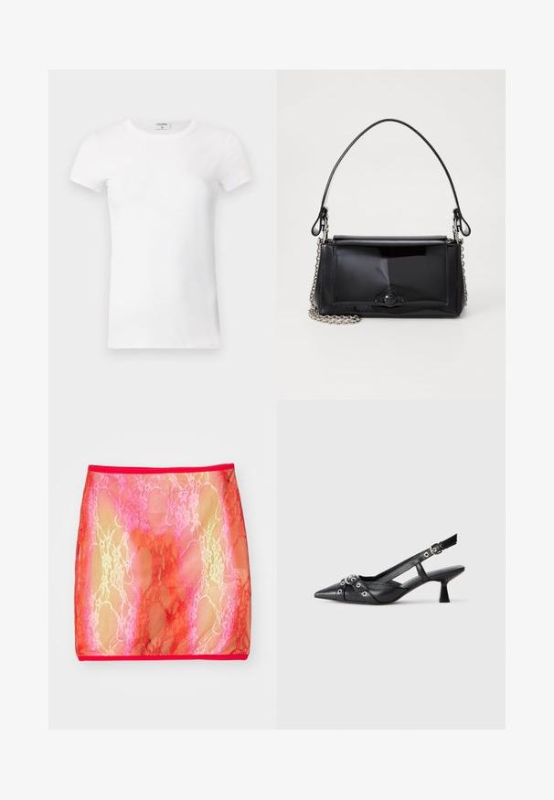 White ribbed short-sleeve T-shirt with a crew neck. The fabric appears smooth with a fitted silhouette. Branding label visible at the collar.; Sheer lace mini skirt with a gradient of pinks and reds, featuring a floral pattern, finished with a solid red waistband.; Black leather slingback shoe with a pointed toe, decorative straps featuring metal eyelets, and a low block heel. Textured surface.; Black patent leather handbag with a rectangular shape, chain strap, and a distinctive hardware accent in the center. Smooth texture.