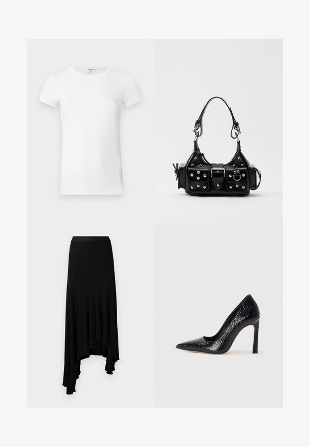 Valkoinen ribattu lyhythihainen T-paita pyöreällä kaula-aukolla. Kangas näyttää sileältä ja istuvalta. Brändilogo näkyvissä kauluksessa.; Musta epäsymmetrinen hame, jossa on aaltoileva helma, valmistettu pehmeästä ja joustavasta materiaalista, jossa on leveä vyötärö, jossa on kohotettu logo.; Musta kapea nilkkakorkokenkä krokotiilin nahkakuviolla, joka on varustettu tyylikkäällä muotoilulla, korkealla stiletto-korkealla ja sileällä mustalla sisäosalla.; Musta nahkainen käsilaukku, jossa on kaareva muotoilu, hopeiset niitit, solki ja kaksi sivutaskua. Säädettävä olkahihna erilaisiin kantovaihtoehtoihin.