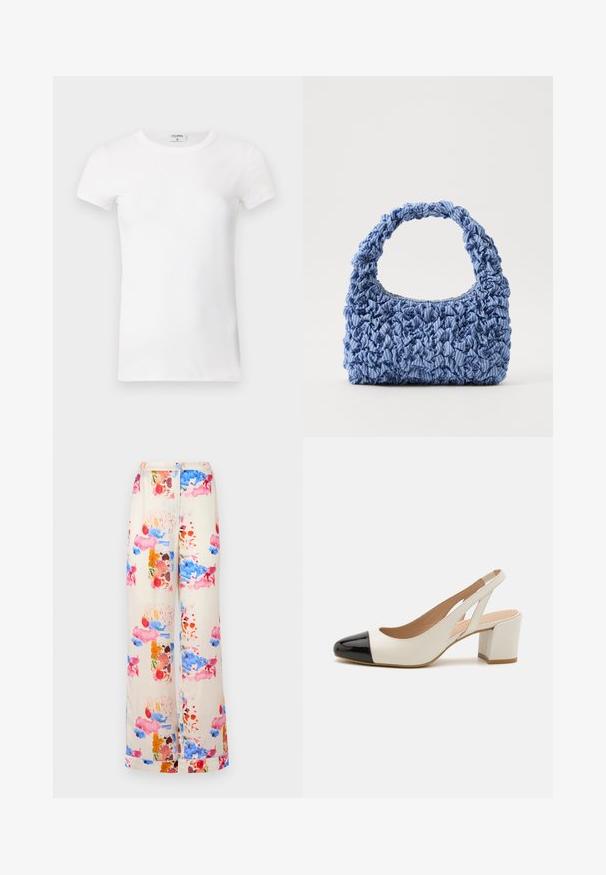 Biała, żeberkowana koszulka z krótkim rękawem i okrągłym dekoltem. Materiał wydaje się gładki, z dopasowanym krojem. Widoczna metka z logo przy kołnierzyku.; Spodnie z szerokimi nogawkami w kremowym materiale, ozdobione kolorowym wzorem akwarelowym z różowymi, niebieskimi i pomarańczowymi akcentami. Lekki i przepuszczający powietrze materiał.; Białe skórzane buty na obcasie typu slingback z czubkiem w czarnym lakierowanym wykończeniu. Posiadają blokowy obcas oraz wycięcia po bokach.; Niebieska torebka z tkaniny o zebranej fakturze i grubym, falbaniastym uchwycie. Posiada subtelne paski w całej powierzchni. Kompaktowy prostokątny kształt.