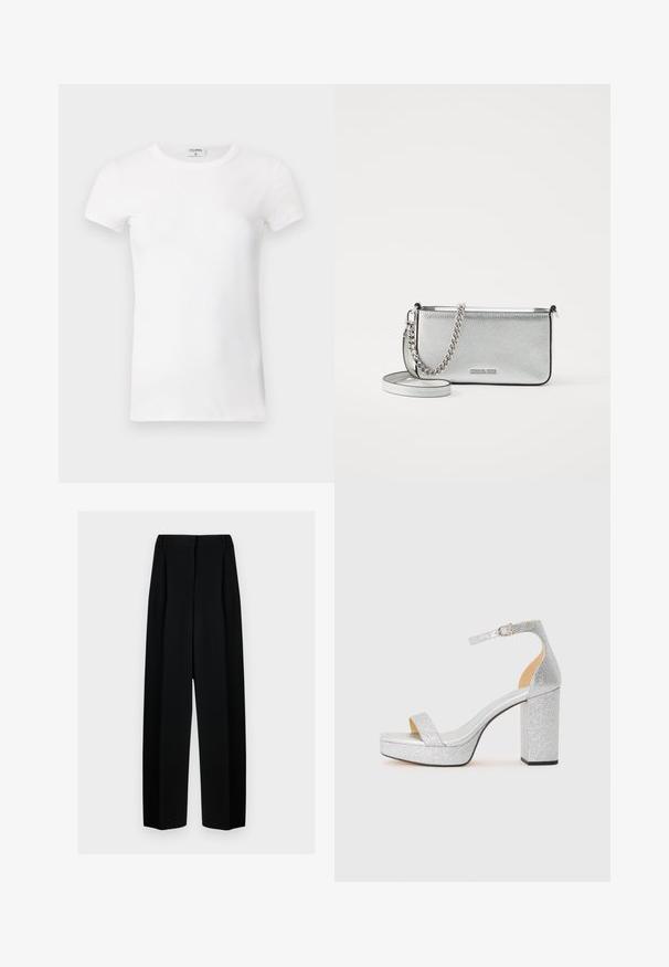 Bela rebrasta majica s kratkimi rokavi in okroglo ovratnikom. Tkanina se zdi gladka z oprijetim silhueto. Oznaka blagovne znamke vidna na ovratniku.; Črne široke hlače z visokim pasom, ki vključujejo naborke in gladko teksturo. Tkanina se zdi lahka in elegantno pada.; Srebrni bleščeči sandali na visokih petah z širokim blok peto, odprtim prstom in nastavljivim gležnjarjem. Gladek notranji del in teksturirana zunanjost.; Siva usnjena torbica čez ramo z teksturirano površino, verižnimi in trakastimi detajli ter zadrgo. Na sprednji strani je logo.