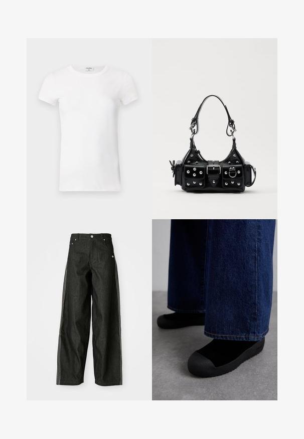 Balta, raibota trumpa rankovėmis marškinėliai su apvaliu kaklu. Audinys atrodo lygus ir prigludęs. Prekės ženklo etikete matoma prie apykaklės.; Juodi džinsiniai plačios kojos kelnės su baltomis šoninėmis juostelėmis, turi priekinės kišenes, mygtukų užtraukimą ir subtilų logotipą šalia juosmens.; Bally GUARD - Žieminiai batai - black; Juodas odinis rankinukas su kreiviu dizainu, su sidabro spalvos knopkėmis, užsegimu ir dviem šoninėmis kišenėmis. Reguliuojama dirželis nešimui.