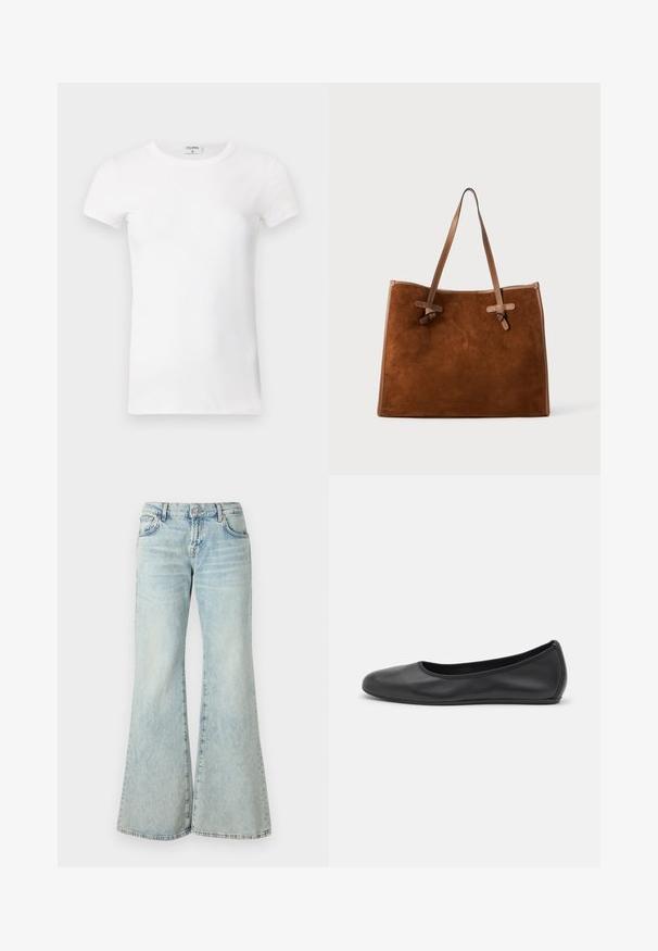 Valkoinen ribattu lyhythihainen T-paita pyöreällä kaula-aukolla. Kangas näyttää sileältä ja istuvalta. Brändilogo näkyvissä kauluksessa.; Vaaleansiniset leveälahkeiset farkut, jotka on valmistettu denimistä, ja joissa on korkea vyötärö, taskut ja hapsutetut helmukset. Kankaan voimakkaasti haalistuneessa pesussa on hienovarainen tekstuuri.; Musta nahkainen ballerina, jossa on pyöristetty kärki, sileä pinta, minimaalinen ommelkoristelu ja joustava pohjamuotoilu.; Ruskea mokkatuotettu olkalaukku, jossa on kaksi nahkakahvaa, litteä muoto, tikatut yksityiskohdat ja solmukiinnitys sivuilla. Ei näkyviä sulkuja.