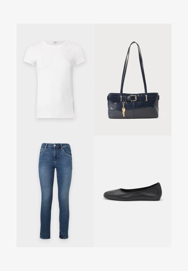 Balta, raibota trumpa rankovėmis marškinėliai su apvaliu kaklu. Audinys atrodo lygus ir prigludęs. Prekės ženklo etikete matoma prie apykaklės.; Tamsiai mėlynos džinsinės siaurėjančios kelnės su įprastu juosmeniu, penkiomis kišenėmis ir subtiliu išblukimu šlaunų srityje. Baigtos siūlėmis.; Juodai odiniai baletai su apvaliu pirštu, lygi texture, minimalus siuvimo detales ir lanksčiu padų dizainu.; Jūrinės odos rankinė su dviem ilgais rankenomis, sagties detalė ir pridėtas raktų pakabukas. Turi lygią tekstūrą ir stačiakampio formą.