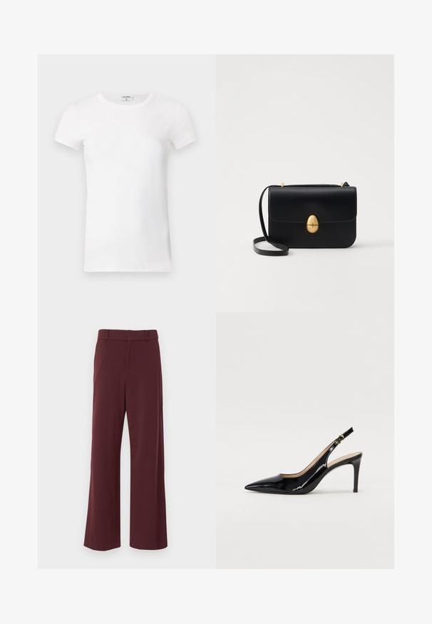 White ribbed short-sleeve T-shirt with a crew neck. The fabric appears smooth with a fitted silhouette. Branding label visible at the collar.; Wide-leg trousers in a deep burgundy color, made from a smooth fabric. Features a flat front with a waistband and belt loops.; Black patent leather slingback pump with pointed toe, slim heel, and a subtle cutout design. Features a gold buckle on the strap.; Black leather handbag with a structured rectangular shape. Features a golden oval clasp and a thin shoulder strap. Smooth texture.