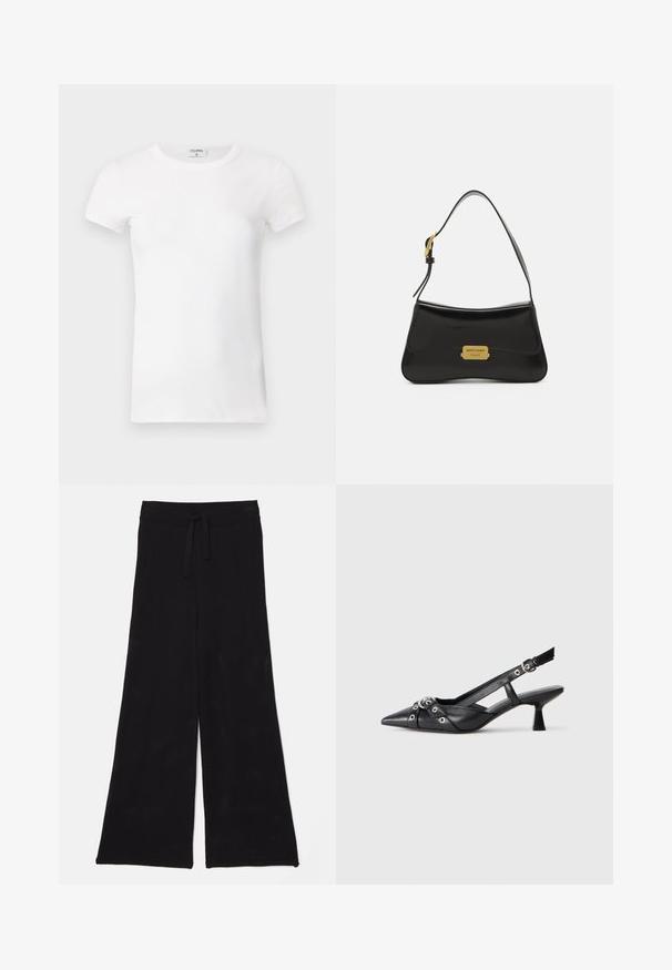 Balts ribots īsām piedurknēm T-krekls ar apaļu kaklu. Audumam ir gluda virsma un tas ir pieguļošs. Zīmola etiķete redzama pie apkakles.; Melni, plaši, garie bikses izgatavotas no sietveida auduma ar auklu jostas vietā. Šī tekstūra ir elpojoša un viegla, piemērota ikdienas valkāšanai.; Melnas ādas šlipsveida kurpes ar norādītu purngalu, dekoratīvām joslām ar metāla acīm un zemu bloku papēdi. Teksturēta virsma.; Melnas ādas rokassoma ar izliekta dizaina, zelta logo plāksnes akcentu un šauru plecu siksnu. Gluda tekstūra ar elegantu apdari.