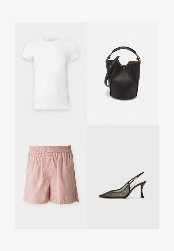 White ribbed short-sleeve T-shirt with a crew neck. The fabric appears smooth with a fitted silhouette. Branding label visible at the collar.; Light pink shorts with vertical stripes in red and white. Elastic waistband; relaxed fit; smooth texture with minimal detailing.; Black slingback high-heeled shoe featuring a pointed toe, mesh detailing, and a smooth leather cap. Colors include black and beige accents.; Black leather bucket bag with a textured finish, gold hardware accents, and an open top. Features a short handle and adjustable shoulder strap.