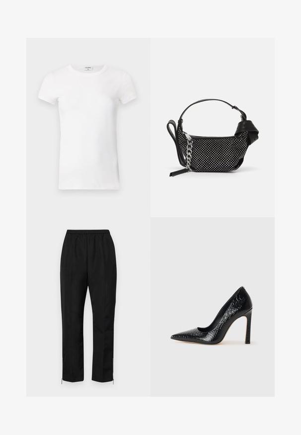 Weißes geripptes T-Shirt mit kurzen Ärmeln und Rundhalsausschnitt. Der Stoff wirkt glatt und hat eine figurbetonte Silhouette. Markenlabel am Kragen sichtbar.; Schwarze Hose mit elastischem Bund, geraden Beinen und Reißverschlüssen an den Knöcheln. Der Stoff hat eine glatte Textur und ein minimales Design.; Schwarzer, spitz zulaufender High Heel mit Krokodilleder-Struktur, elegantem Design, hohem Stiletto-Absatz und glattem schwarzen Innenraum.; Schwarze Handtasche mit Nietenverzierungen, einer Kettenriemen und einem glatten Ledergriff, in runder Form und mit einem Reißverschlussfach.