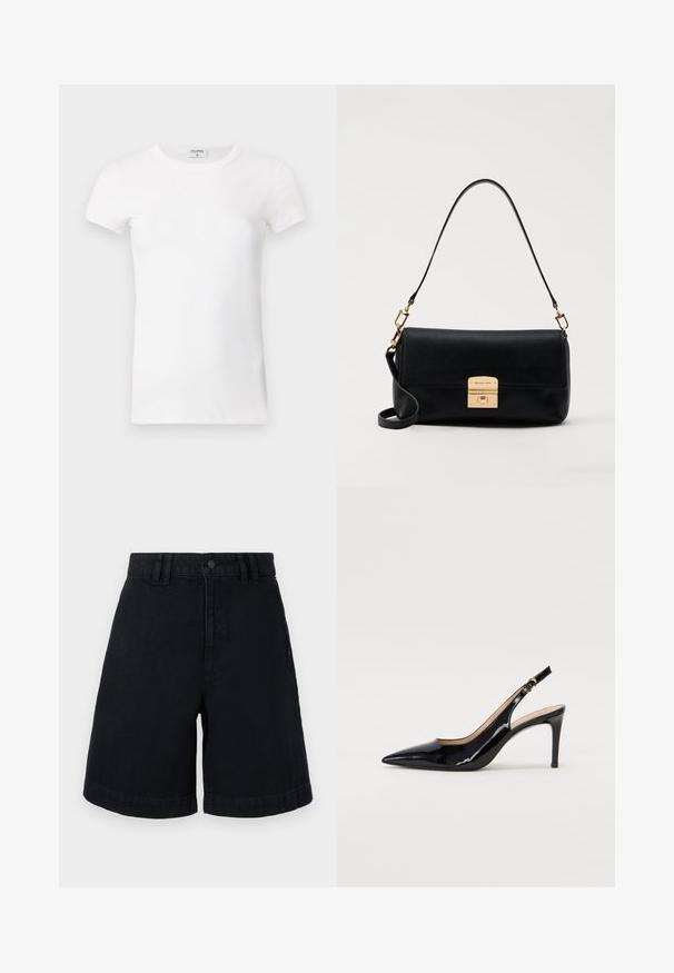 T-shirt branco de manga curta com gola redonda. O tecido parece suave com uma silhueta justa. Etiqueta de marca visível na gola.; Calções de ganga pretos com corte reto, apresentando fecho de botão, passadores para cinto e bainhas dobradas. Textura suave com detalhes de costura subtil.; Sandal com salto em verniz preto, bico fino, salto esguio e um design de recorte subtil. Apresenta uma fivela dourada na alça.; Mala de mão em couro preto com uma forma retangular plana, acessórios dourados e uma pega superior. Apresenta um fecho por fecho e um detalhe com o logótipo assinatura.