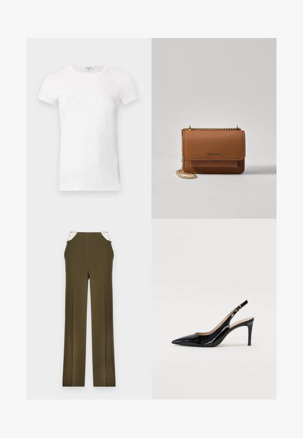 Biela rebrovaná tričko s krátkym rukávom a okrúhlym výstrihom. Tkanina vyzerá hladko s priliehavým strihom. Značková etiketa je viditeľná na golieri.; Olivové široké nohavice vyrobené z hladkej látky, so zlatými reťazovými detailmi na páse. Priamy strih s čistým zakončením.; Čierne lakované kožené slingback lodičky s špicatou špičkou, štíhlým podpätkom a jemným výrezom. Obsahuje zlatú pracku na remienku.; Hnedá textúrovaná kožená taška cez telo s zlatým reťazovým popruhom a preklopným uzáverom. Predná strana obsahuje detail s logom a vrecko pod preklopkou.