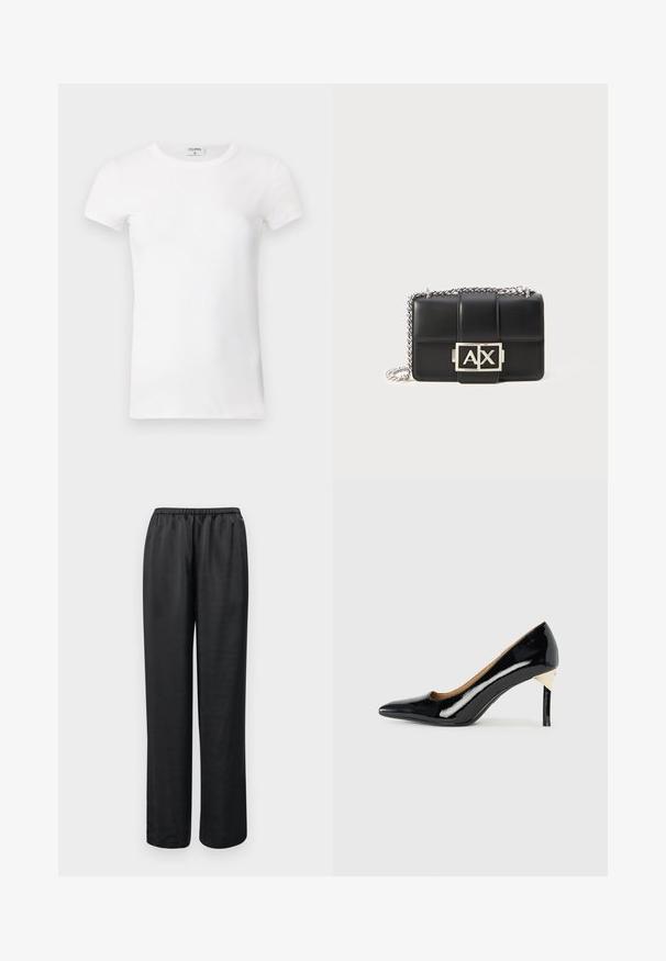 White ribbed short-sleeve T-shirt with a crew neck. The fabric appears smooth with a fitted silhouette. Branding label visible at the collar.; Black, loose-fitting trousers with an elastic waistband. Made from a smooth fabric, featuring a straight leg and no visible pockets or embellishments.; Black patent leather high heel shoe with a pointed toe and cut-out design; features a sleek gold accent on the heel. Simple and elegant.; Black leather handbag with quilted design, silver chain strap, and a prominent silver "AX" logo on the front. Compact rectangular shape.
