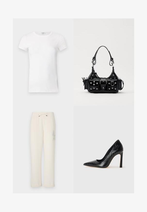 Camiseta blanca de manga corta y con cuello redondo, de tejido acanalado. La tela parece suave y tiene una silueta ajustada. Etiqueta de marca visible en el cuello.; Pantalones de chándal de color crema hechos de un material suave. Presentan una cinturilla elástica con cordón y un logo decorativo en el lateral.; Zapato de tacón alto negro con punta afilada y textura de piel de cocodrilo, que presenta un diseño elegante, un alto tacón de aguja y un interior negro suave.; Bolso de mano de cuero negro con un diseño curvado, que cuenta con tachuelas plateadas, una hebilla y dos bolsillos laterales. Correa ajustable para opciones de transporte.