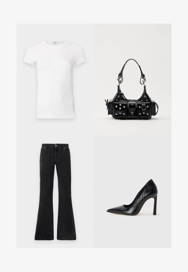 White ribbed short-sleeve T-shirt with a crew neck. The fabric appears smooth with a fitted silhouette. Branding label visible at the collar.; Black flared denim jeans with five pockets, a front button closure, and contrast stitching. Fabric has a smooth texture.; Black pointed-toe high heel shoe with a crocodile-skin texture, featuring a sleek design, high stiletto heel, and smooth black interior.; Black leather handbag with a curved design, featuring silver studs, a buckle, and two side pockets. Adjustable strap for carrying options.