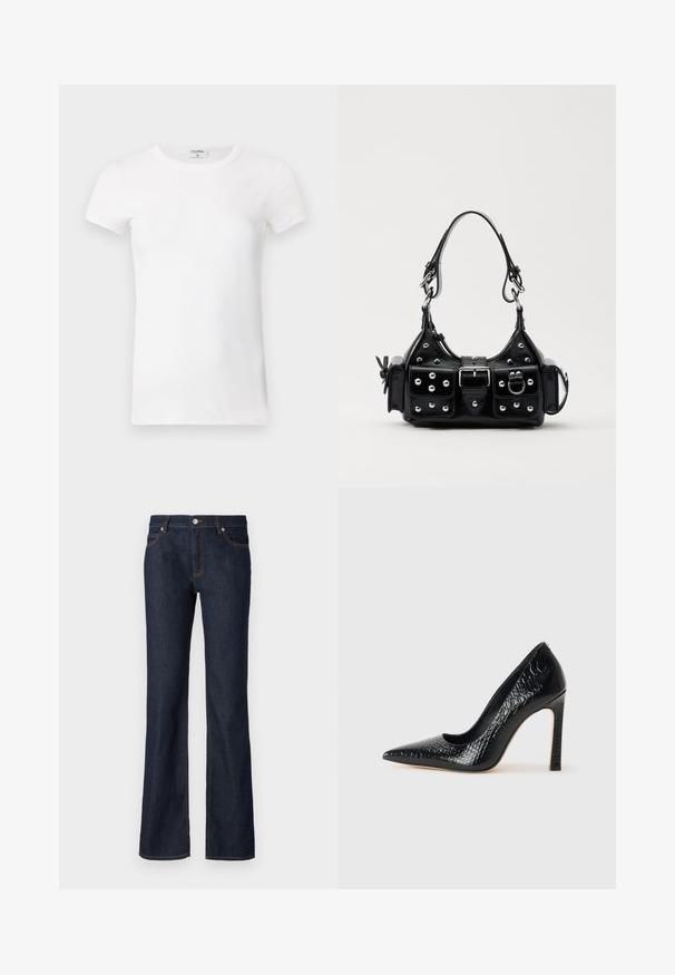 Wit geribd T-shirt met korte mouwen en een ronde hals. De stof lijkt glad met een getailleerde pasvorm. Logo zichtbaar op de kraag.; Donkerblauwe spijkerbroek met een uitlopende vorm, vijf zakken en contrasterende oranje stiksel langs de naden en zakken.; Zwarte puntige hoge hak schoen met een krokodillenleren textuur, met een slank ontwerp, hoge stiletto-hak, en een gladde zwarte binnenkant.; Zwarte lederen handtas met een gebogen ontwerp, voorzien van zilveren studs, een gesp en twee zijvakken. Verstelbare schouderband voor verschillende draagmogelijkheden.