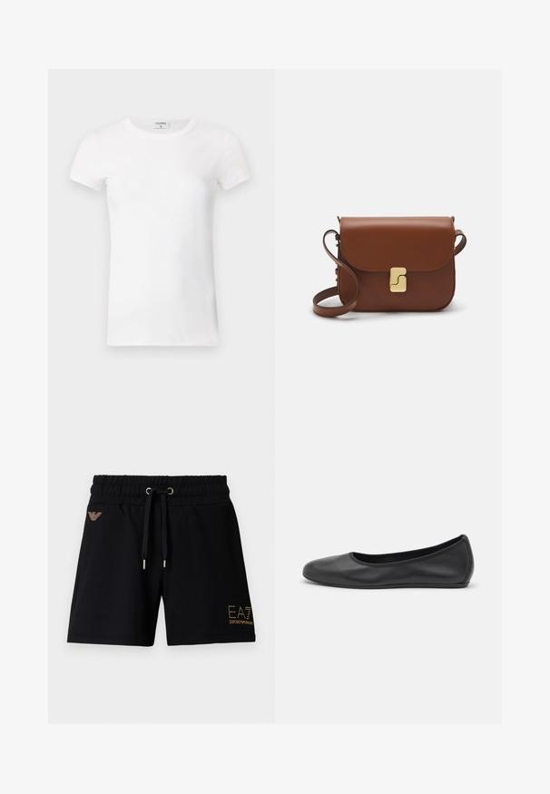 Vit, ribbad T-shirt med kort ärm och rundad halsringning. Tyget ser slätt ut med en tight silhuett. Logotyp synlig vid kragen.; Svarta shorts i bomull med elastisk midjeband och dragsko. Har guldfärgade logotexter och utsmyckningar på framsidan. Två sidofickor.; Svart läderballerinaskor med rund tå, slät yta, minimala söm detaljer och en flexibel sula.; Brun läderhandväska med klaffstängning, guldfärgad hårdvara, axelrem och en slät yta. Kompakt rektangulär form.