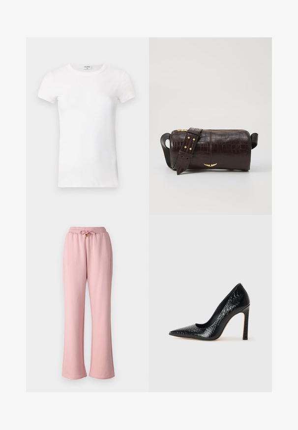 White ribbed short-sleeve T-shirt with a crew neck. The fabric appears smooth with a fitted silhouette. Branding label visible at the collar.; Pink sweatpants made of soft fabric, featuring an elastic waistband with a drawstring and flared leg design.; Black pointed-toe high heel shoe with a crocodile-skin texture, featuring a sleek design, high stiletto heel, and smooth black interior.; Brown crocodile-embossed leather bag with a cylindrical shape, gold-tone hardware, and a detachable strap featuring studs.