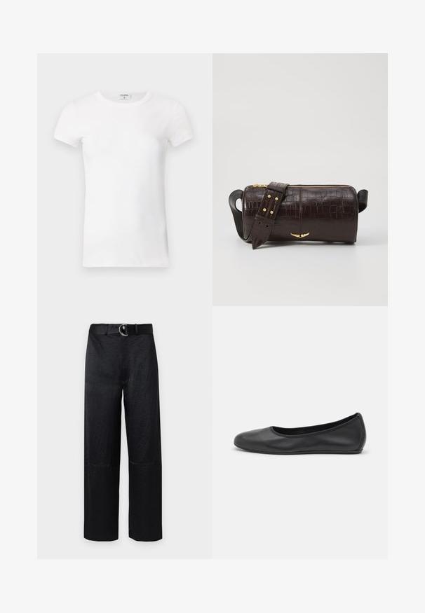 Fehér bordás, rövid ujjú póló, kerek nyakkal. Az anyag simának tűnik, testhezálló fazonnal. A márkázott címke a gallérnál látható.; Fekete, széles szárú nadrág texturált felülettel, kör alakú ezüst csattal ellátott övvel és minimális varrásokkal.; Fekete bőr balettcipő lekerekített orral, sima tekstúrával, minimális varrással és rugalmas talp kialakítással.; Barna krokodilbőr hatású bőr táska henger alakú, arany tónusú fémveretekkel és lecsatolható, szegecsekkel díszített pánttal.
