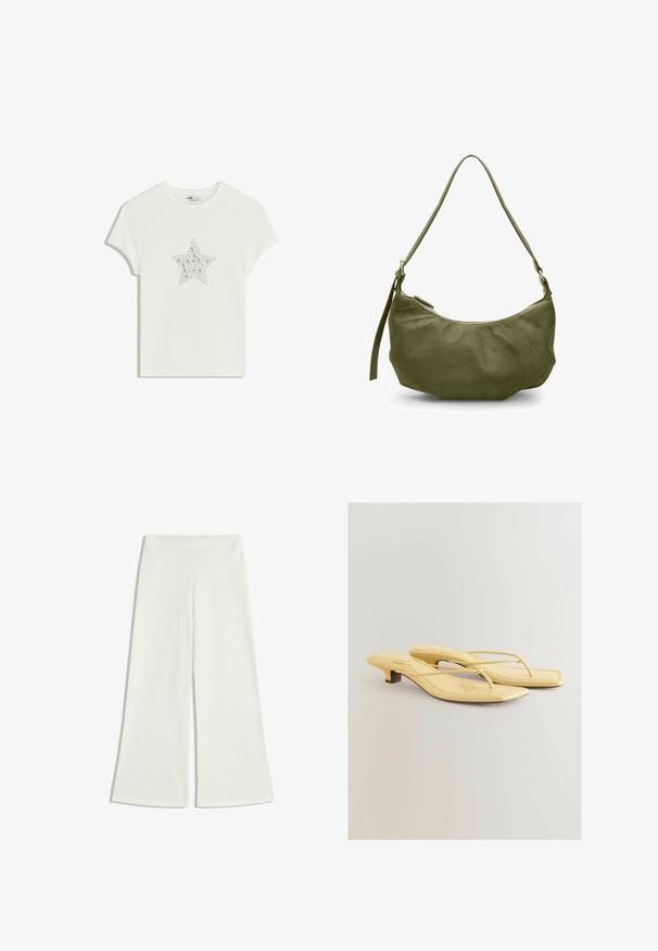 Maglietta bianca in cotone con un design centrale a forma di stella realizzato in strass, maniche corte e scollo a girocollo. Texture morbida, vestibilità informale.; Pantaloni a gamba larga bianchi realizzati in tessuto morbido. Presentano una vita alta e nessuna cucitura visibile, creando una silhouette pulita.; Flip-flop con tacco in pelle verniciata gialla, punta a forma appuntita, sottili cinturini e un piccolo tacco a blocco. La texture è liscia con dettagli di cucitura.; Borsa a spalla in pelle verde oliva con forma curva, chiusura con zip e tracolla regolabile. Texture liscia con minimi dettagli in metallo.