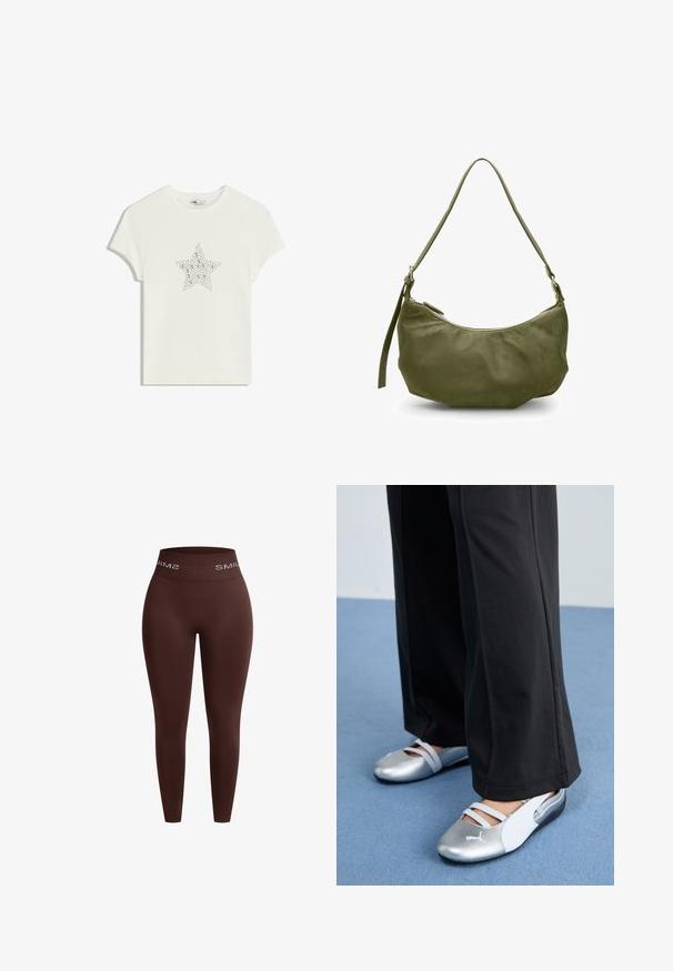 T-shirt en coton blanc avec un motif central en forme d'étoile en strass, manches courtes et col rond. Texture douce, coupe décontractée.; Leggings marron avec une large ceinture élastique arborant le texte "SMIL" en blanc. Tissu lisse, design fuselé, sans coutures ni motifs visibles.; Chaussures plates argentées et blanches avec des sangles croisées et des détails texturés, complétées par un pantalon noir ample. Sur un sol bleu.; Sac à épaule en cuir vert olive avec une forme incurvée, fermeture éclair et bandoulière réglable. Texture lisse avec des accents de quincaillerie minimalistes.