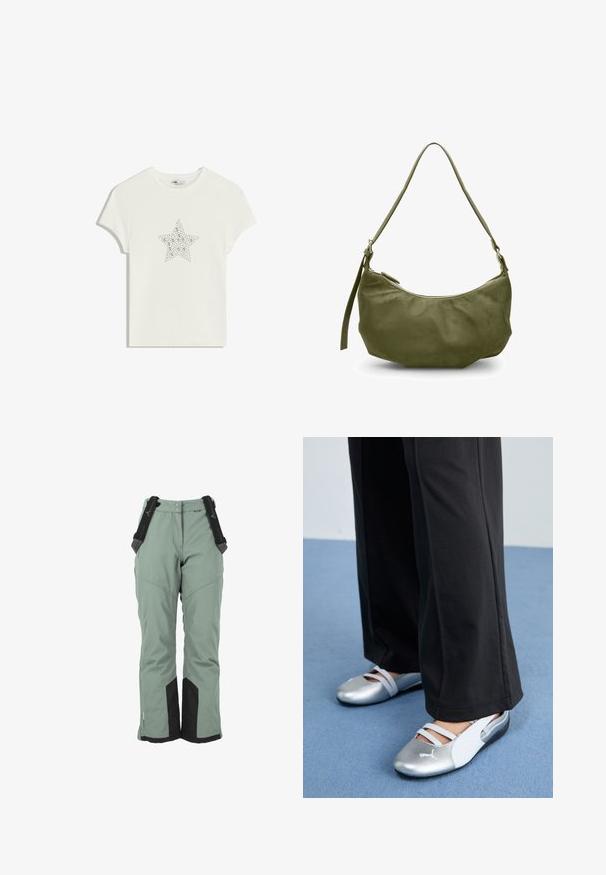 Biała bawełniana koszulka z centralnym wzorem w kształcie gwiazdy zdobionym kryształkami, krótki rękaw, okrągły dekolt. Miękka tekstura, luźny krój.; Zielone spodnie narciarskie z regulowanymi czarnymi szelkami, wzmocnionymi czarnymi akcentami na kostkach i lekko zwężanym krojem dla komfortu.; Srebrno-białe płaskie buty z krzyżującymi się paskami i fakturowanym wykończeniem, zestawione z luźnymi czarnymi spodniami. Na tle niebieskiej podłogi.; Oliwkowa skórzana torba na ramię o zakrzywionym kształcie, z zapięciem na zamek błyskawiczny i regulowanym paskiem. Gładka textura z minimalnymi akcentami metalowymi.