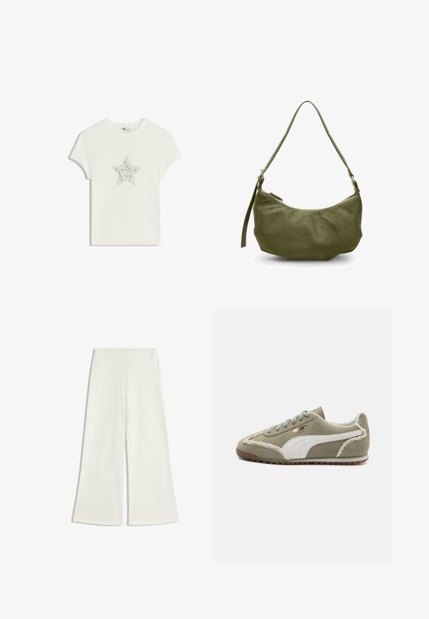 Bijela pamučna majica s centralnim uzorkom zvijezde od cirkona, kratkim rukavima i okruglim izrezom. Mekana tekstura, ležeran kroj.; Bijele hlače širokih nogavica napravljene od glatkog materijala. Imaju visoki struk i nevidljive šavove, stvarajući čistu siluetu.; Zelene mokasine od zamšene kože s bijelim kožnim akcentima, teksturiranim šavovima, vezanjem sprijeda i gumenim potplatom. Sadrži jedinstvene dizajnerske detalje duž bočnih strana.; Maslinasto zelena kožna torba preko ramena s zakrivljenim oblikom, zatvaranjem na zip i podesivim remenom. Glatka tekstura s minimalnim metalnim detaljima.