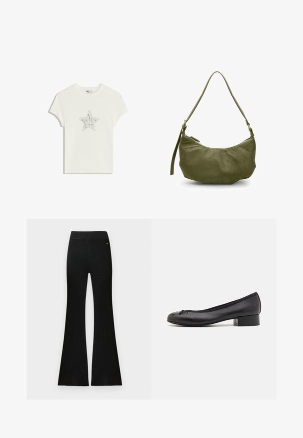 Maglietta bianca in cotone con un design centrale a forma di stella realizzato in strass, maniche corte e scollo a girocollo. Texture morbida, vestibilità informale.; Pantaloni neri a coste a gamba larga con una cintura liscia. Realizzati in tessuto strutturato, con un leggero effetto scintillante e un piccolo dettaglio con logo.; Ballerine in pelle nera con un piccolo tacco rettangolare, punta tonda, dettaglio decorativo a fiocco e bordo elastico all'apertura.; Borsa a spalla in pelle verde oliva con forma curva, chiusura con zip e tracolla regolabile. Texture liscia con minimi dettagli in metallo.