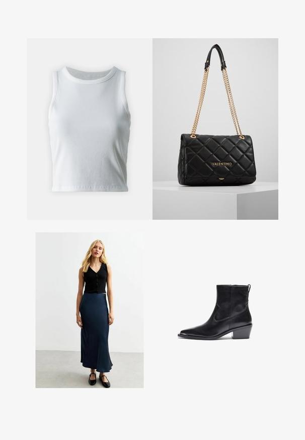 Biała, prążkowana koszulka na ramiączkach z okrągłym dekoltem i bez rękawów, z prostym dołem i gładką, elastyczną teksturą.; Czarny prążkowany top z guzikami w stylu crop i granatowa satynowa maxi spódnica. Spódnica ma gładką powierzchnię i rozkloszowany dół, zestawiona z czarnymi płaskimi butami.; Czarny skórzany botek za kostkę z ostro zakończonym czubkiem i niskim obcasem w formie klocka. Posiada boczny zamek i minimalne detale przeszycia, co nadaje mu elegancki wygląd.; Czarna pikowana skórzana torba na ramię z złotą łańcuszkową rączką i detalem logo. Prostokątny kształt, gładka tekstura, z klapką na zamek.