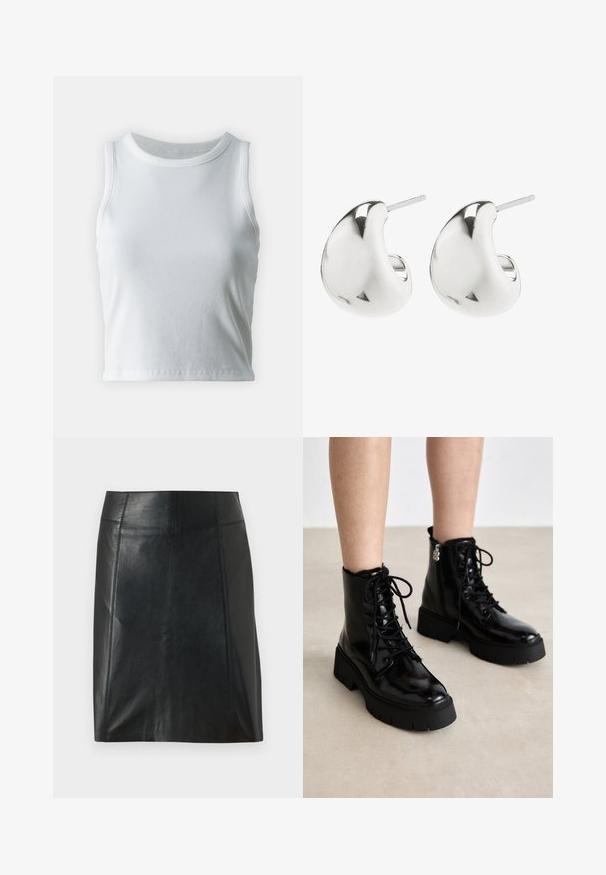 Valkoinen poimutettu hihaton toppi, jossa on pyöreä kaula-aukko, suora helma ja sileä, joustava materiaali.; Musta nahkahame, jossa on mukautuva muotoilu. Silkkinen pinta, saumat korostamassa muotoa ja suora helma. Minimalistinen ja tyylikäs ulkoasu.; Mustat lakatun nahka nilkkasaappaat, joissa on paksut kumipohjat, nauhakiinnitys edessä ja sivuvetoketju, ja joita koristaa pehmeä vuori nilkan yläpuolella.; Hopeiset nappikorvakorut, joissa on sileä, kaareva muotoilu. Niissä on kiillotettu pinta ja taustatappi, joka varmistaa turvallisen käytön.