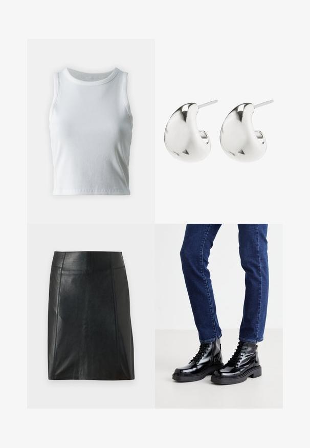 Balta raukšlėta liemenėlė be rankovių, su apvaliu iškirpimu, tiesiu apvadu ir lygiu, elastingu audiniu.; Juodas odinis sijonas su prigludusia forma. Sklandžiai tekstūra, siūlės apibrėžiančios formą ir tiesus apvadas. Minimalistiškas ir elegantiškas išvaizda.; Juodi blizgūs aulinukai su raišteliais ir storu padu, turintys lygią tekstūrą ir apvalias nosis, dėvimi su tamsiai mėlynomis prilipusiomis džinsomis.; Sidabriniai auskarai su glotnia, lenkta forma. Jie turi poliruotą paviršių ir kaištinę užsegimą, kad būtų saugu juos nešioti.