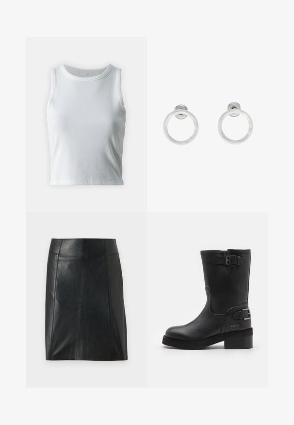 Bela rebrasta majica brez rokavov z okroglo izrezom, s pravo hem in gladko, elastično strukturo.; Črna usnjena krilo s prilegajočo zasnovo. Gladka tekstura, šivi, ki obdajajo obliko, in ravna obroba. Minimalističen in eleganten videz.; Črne usnjene gležnarje z zaobljenim nosom, stransko zaponko in nizko blokovsko peto. Imajo gladko teksturo in subtilno označevanje.; Srebrni kovinski obročasti uhani z brušenjem, s krožno obliko in prozornim zatičem za varno nošenje.