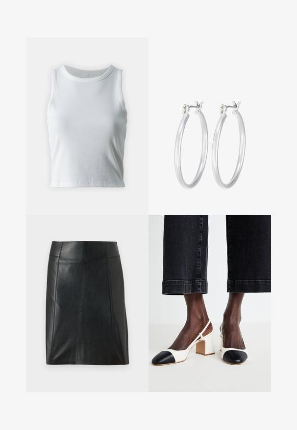 Top a canotta bianco a coste con scollatura rotonda e senza maniche, caratterizzato da un orlo dritto e una texture liscia e elastica.; Gonna in pelle nera con un design aderente. Texture liscia, cuciture che delineano la forma e orlo dritto. Aspetto minimalista e slanciato.; Scarpe slingback con tacco a blocco bianche e nere, con punta affusolata, materiale in pelle liscia e dettagli a contrasto sul cappuccio della toe.; Orecchini a cerchio in argento con una finitura liscia e lucida. Forma rotonda e chiusura a scatto sicura. Design leggero adatto per l'uso quotidiano.