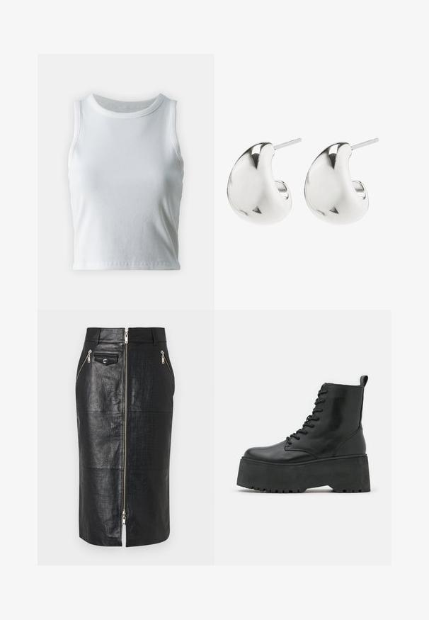 Biely rebrovaný top bez rukávov s okrúhlym výstrihom, so strapatým lemom a hladkou, elastickou textúrou.; Čierna kožená ceruzková sukňa s krokodílovou textúrou, so zipsovým uzáverom na prednej strane a dvoma bočnými vreckami so zipsom. Hladký povrch a priliehavý strih.; Čierne členkové topánky s robustnou platformou, vyrobené z hladkej kože, s šnurovacím dizajnom a s poutkom na zadnej strane.; Strieborné náušnice vo forme kolíkov s hladkým, zakriveným dizajnom. Majú lesklý povrch a zapínanie na kolík pre bezpečné nosenie.