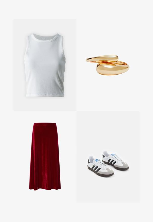 White ribbed tank top with a round neckline and sleeveless design, featuring a straight hem and a smooth, stretchy texture.; Red velvet midi skirt with a smooth texture, flared design, and a waistband. Hemline finishes just below the knee. No visible accents.; Sport shoes with a white leather upper, gray suede toe, and three black stripes. Features a blue logo on the tongue and a textured rubber sole.; Gold-toned rings with smooth, rounded shapes intertwining. High-polish finish with a reflective surface, showcasing a seamless design.