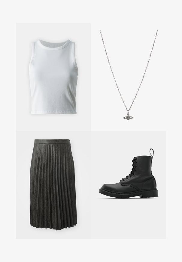 Top alb cu nervuri, cu guler rotund și fără mâneci, având o margine dreaptă și o textură netedă, elastică.; Fustă plisată neagră dintr-un material texturat, cu un design pattern și un tiv solid, având o lungime medie.; Cizmă de luptă din piele neagră, cu vârf rotund, șireturi în față și o bandă de tragere la gleznă. Dispune de o talpă groasă din cauciuc pentru durabilitate.; Colier din argint cu un pandantiv detaliat în formă de planetă, împodobit cu accente mici și modele complicate.