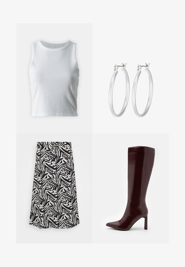 Bela rebrasta majica brez rokavov z okroglo izrezom, s pravo hem in gladko, elastično strukturo.; Črna in bela krila s spiralo zebristim vzorcem, ravnega kroja in robom. Narejena iz gladkega, lahkega materiala.; Even&Odd Škornji - dark red; Srebrni obroči za ušesa z gladko, polirano površino. Okrogla oblika in varna zaponka s klikom. Lahka zasnova, primerna za vsakodnevno nošenje.