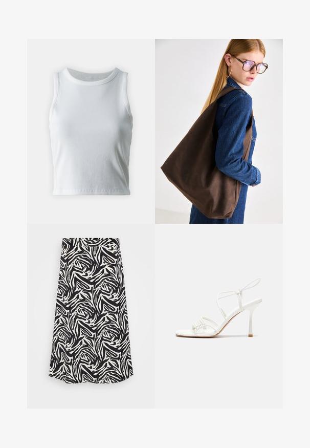 Valkoinen poimutettu hihaton toppi, jossa on pyöreä kaula-aukko, suora helma ja sileä, joustava materiaali.; Hame mustavalkoinen, jossa on pyörteinen seeprahallinta, suora leikkaus ja helman malli. Valmistettu sileästä ja kevyestä kankaasta.; Valkoinen remmillä varustettu korkokenkä, jossa tasapohja, teksturoitu etuosa koukkuineen ja kapea nilkkaremmi.; Ruskea nahkainen olkalaukku, jossa on pehmeä rakenne, tilava muotoilu ja yksi hihna. Yhdistetty siniseen farkkutakkiin.; Kultaiset rengaskorvakorut, ohuet ja pyöreät, joissa on sileä metallipinta ilman koristeluja tai kuvioita.