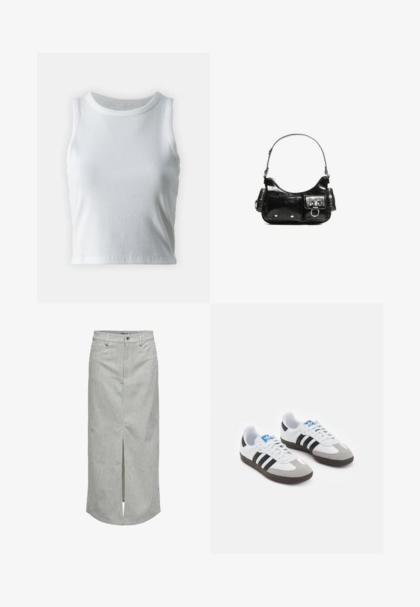 Witte geribde tanktop met een ronde halslijn en mouwloos ontwerp, voorzien van een rechte zoom en een gladde, rekbare textuur.; ONLY Jeansrok - white; Sportschoenen met een witte leren bovenkant, grijze suède neus en drie zwarte strepen. Bevat een blauw logo op de tong en een gestructureerde rubberen zool.; Zwarte laarzen in lakleer met een gebogen vorm, één schouderband, voorvakken en accenten in zilverkleurig metaal.