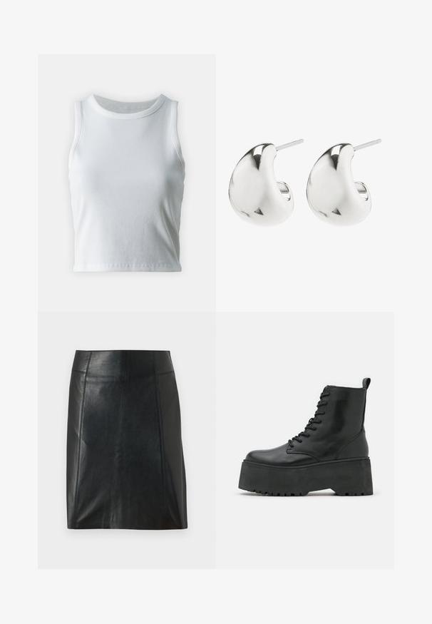 Hvid ribbet tanktop med rund halsudskæring og ærmeløs design, med en lige kant og en glat, strækbar tekstur.; Sort lædernederdel med en tætsiddende pasform. Glat tekstur, sømme der fremhæver formen, og en lige kant. Minimalistisk og strømlinet udseende.; Sorte ankelstøvler med en kraftig platformssål, lavet af glat læder, med snørebåndsdesign og en træktab bagpå.; Sølv stud øreringe med et glat, buet design. De har en poleret overflade og en stift, der sikrer sikker bæring.