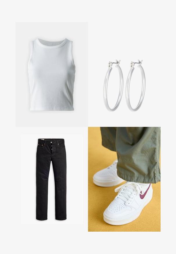 Hvid ribbet tanktop med rund halsudskæring og ærmeløs design, med en lige kant og en glat, strækbar tekstur.; Sorte denimjeans med lige pasform, fem lomme-design og knaplukning. Har kobbernitter og syningsdetaljer.; Jordan AIR JORDAN 1 ELEVATE - Sneakers - white/bordeaux/white onyx; Sølv hoop øreringe med en glat, poleret overflade. Rund form og sikker klik-lukning. Letvægtsdesign, der er velegnet til hverdagsbrug.