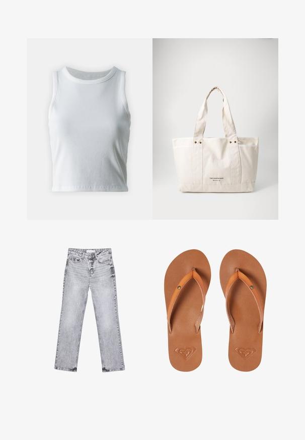 Bílý žebrovaný tílko s kulatým výstřihem a bezramínkovým designem, s rovnými lemy a hladkou, elastickou strukturou.; Šedé džíny z denimu se střihy rovnými nohavicemi, s poškozenou úpravou, pěti kapsami a měděnými nýtky. Pasová část obsahuje logo štítek.; Hnědé syntetické žabky s oranžovými popruhy, texturovaný povrch a vyražená srdíčková loga na podrážce.; Plátěná taška v světlé béžové barvě s dvěma pevnými uchy, kontrastním bílým lemem a logem "THE NORTH FACE" v černé barvě na přední straně.