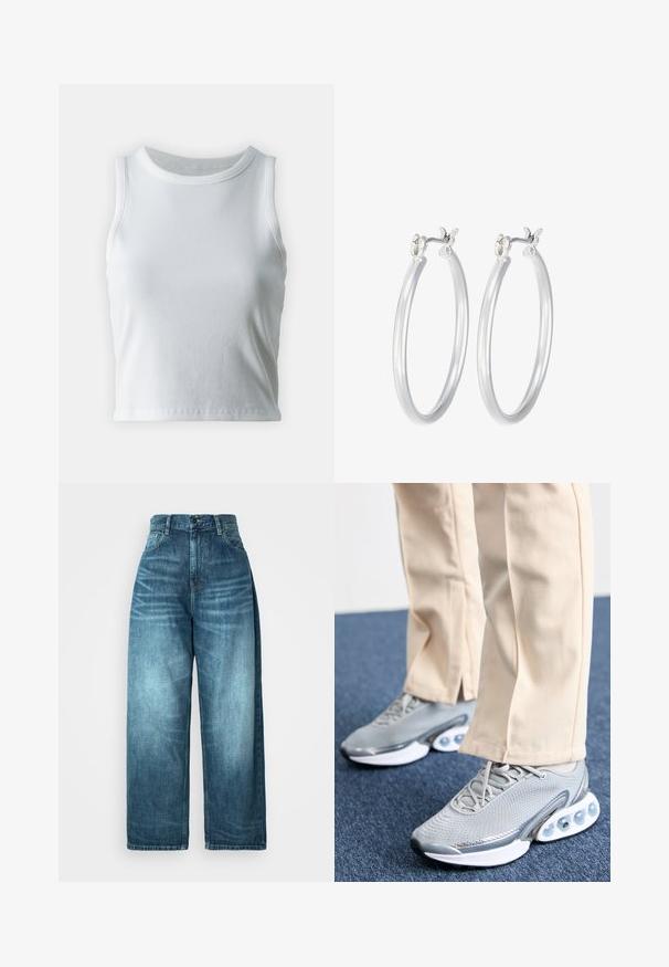 Top a canotta bianco a coste con scollatura rotonda e senza maniche, caratterizzato da un orlo dritto e una texture liscia e elastica.; Jeans a vita alta e gamba larga in denim blu medio, con una finitura sbiadita, design tradizionale delle tasche e chiusura frontale con bottone.; Scarpe sportive grigie con tomaia in rete, punta arrotondata e suola ammortizzata; presentano piccole vesciche d'aria sulla suola per un supporto aggiuntivo.; Orecchini a cerchio in argento con una finitura liscia e lucida. Forma rotonda e chiusura a scatto sicura. Design leggero adatto per l'uso quotidiano.