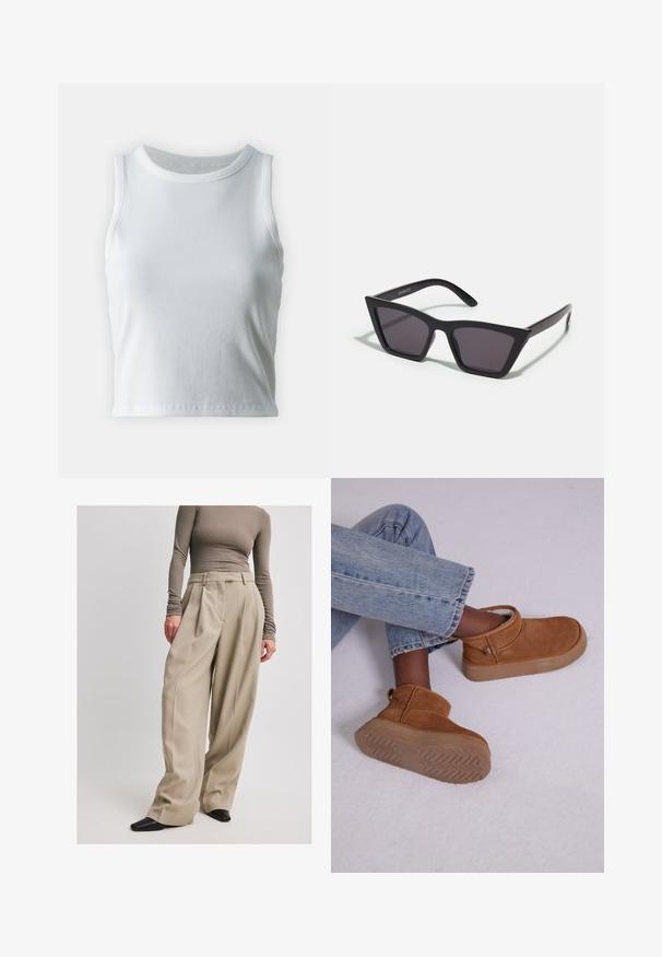 Weißes, geripptes Tanktop mit runder Ausschnittform und ärmellosem Design, ausgestattet mit einem geraden Saum und einer glatten, dehnbaren Textur.; NA-KD Stoffhose - beige; Braune Wildleder-Stiefeletten mit einem weichen Innenfutter, runder Spitze und einer leicht klobigen Gummisohle mit einem Fischgrätmuster.; Schwarze, eckige Sonnenbrille mit grauen Gläsern; aus Kunststoff gefertigt, mit dicken Bügeln, die eine glatte Oberfläche und keine sichtbaren Beschläge haben.