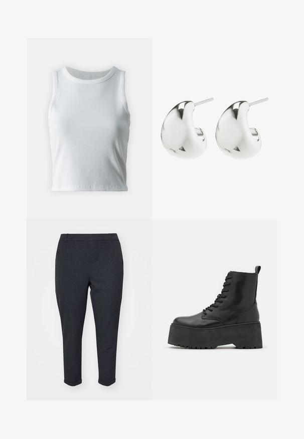 Valge ribadega kampsun, ümarate kaelustega ja ilma varrukateta, sirge äärisega ning sileda, veniva struktuuriga.; Tumed hallid püksid kitseneva disainiga, sujuva tekstuuriga, konksudega hemide ja küljetaskutega. Klassikaline, kohandatud välimus.; Mustad mustad kingad paksu platvormi tallaga, valmistatud siledast nahast, nööpide ja taga tõmbeauguga.; Hõbedased kõrvarõngad, millel on sile, kumer disain. Need on viimistletud poleeritud pinnaga ja neil on kinnituseks post tagasi, tagades kindla kandmise.