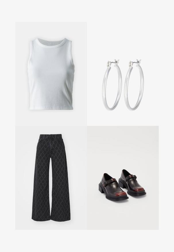 Biała, prążkowana koszulka na ramiączkach z okrągłym dekoltem i bez rękawów, z prostym dołem i gładką, elastyczną teksturą.; Szerokie czarne dżinsy z diamentowym wzorem. Charakteryzują się wysokim stanem, standardowymi kieszeniami i zapięciem na guzik. Teksturowany materiał.; Skórzane buty na blokowym obcasie o błyszczącej, ciemno-bordowej wykończeniu, z paskiem zapinanym na klamrę i zaokrąglonym noskiem. Teksturowana podeszwa zapewniająca przyczepność.; Srebrne kolczyki w formie kółek o gładkim, polerowanym wykończeniu. O okrągłym kształcie i pewnym zapięciu na klik. Lekka konstrukcja odpowiednia do codziennego noszenia.