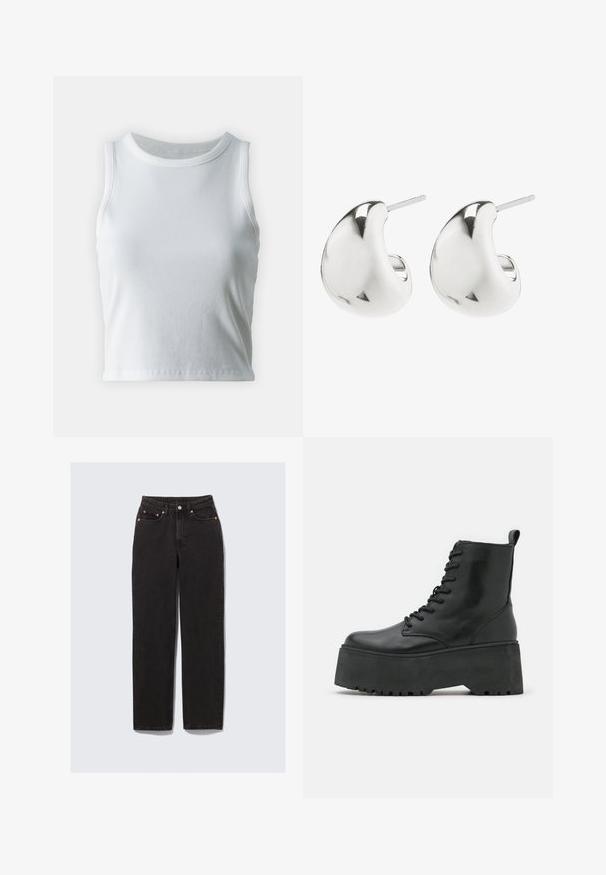 Bela rebrasta majica brez rokavov z okroglo izrezom, s pravo hem in gladko, elastično strukturo.; Črne jeans hlače z visokim pasom, ravnim krojem, bakrenimi dodatki, petimi žepi in vidnimi šivi.; Črne gležnjarje na debelih podplatih, izdelane iz gladkega usnja, s vezalnim dizajnom in zanka za pomoč pri obuvanju na hrbtni strani.; Srebrne uhane s studom z gladkim, ukrivljenim dizajnom. Imajo polirano površino in zaponko za varno nošenje.