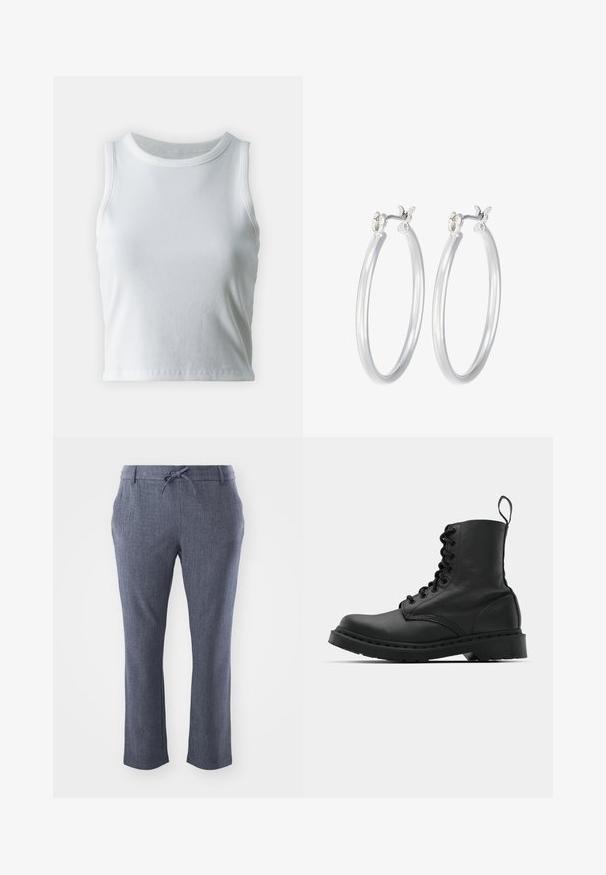 White ribbed tank top with a round neckline and sleeveless design, featuring a straight hem and a smooth, stretchy texture.; Dark blue, woven fabric pants with a drawstring waistband, straight legs, and subtle texture, featuring a classic fit and no visible pockets.; Black leather combat boot with a round toe, lace-up front, and a pull tab at the ankle. Features a thick rubber sole for durability.; Silver hoop earrings with a smooth, polished finish. Round shape and secure click-top closure. Lightweight design suitable for everyday wear.