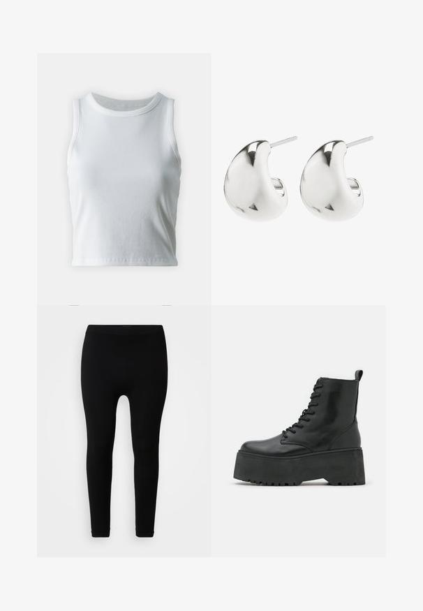 Bela rebrasta majica brez rokavov z okroglo izrezom, s pravo hem in gladko, elastično strukturo.; Črne rebraste legice z visokim pasom, gladko teksturo in dolžino do gležnja, zasnovane za tesno silhueto.; Črne gležnjarje na debelih podplatih, izdelane iz gladkega usnja, s vezalnim dizajnom in zanka za pomoč pri obuvanju na hrbtni strani.; Srebrne uhane s studom z gladkim, ukrivljenim dizajnom. Imajo polirano površino in zaponko za varno nošenje.