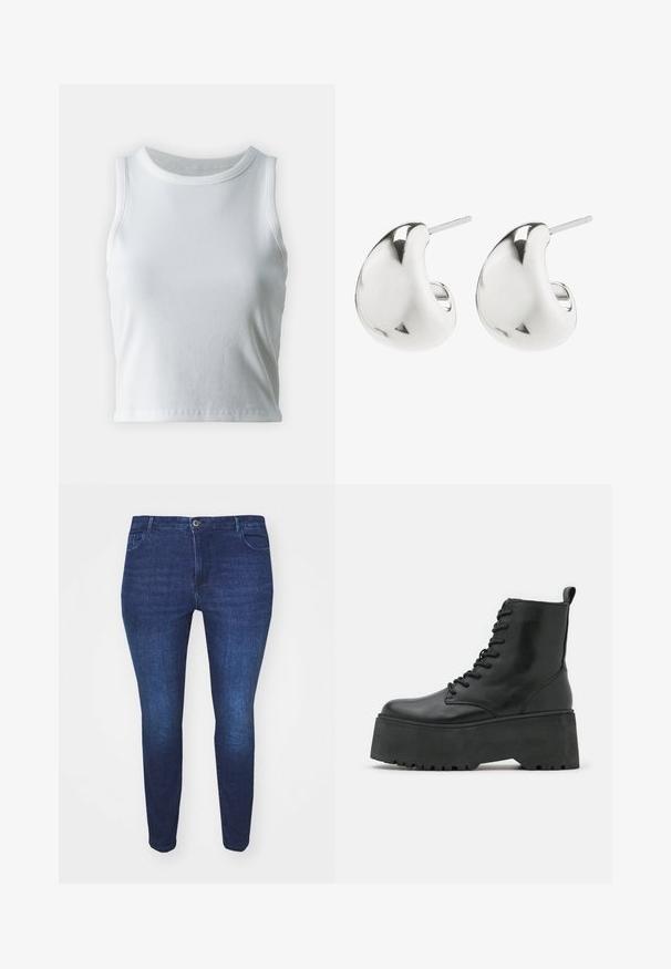 Balts ribots topiņš ar apaļu kakla izgriezumu un bez piedurknēm, ar taisnu apakšmalu un gludu, elastīgu struktūru.; Tumši zilas šauras formas džinsu bikses ar priekšējo pogu un kabatām, redzamas no priekšpuses uz balta fona.; Melni potītes zābaki ar masīvu platformu, izgatavoti no gludas ādas, ar šņorēšanas dizainu un cilpu aizmugurē.; Sudraba auskari ar gludu, izliekta dizaina. Tie ir ar pulētu apdari un ir aprīkoti ar aizdari, kas nodrošina drošu valkāšanu.