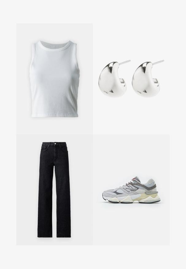 Top de tirantes blanco con textura acanalada, cuello redondo y diseño sin mangas, con un dobladillo recto y una textura suave y elástica.; Jeans de mezclilla negros de cintura alta con cierre de botón y cremallera, bolsillos delanteros y traseros, y corte recto.; Zapatilla de ante y malla gris con una suela gruesa blanca y beige, que presenta un logotipo blanco prominente y detalles en acentos rojos.; Pendientes de plata en forma de tuerca con un diseño liso y curvado. Cuentan con un acabado pulido y un cierre de presión para un uso seguro.