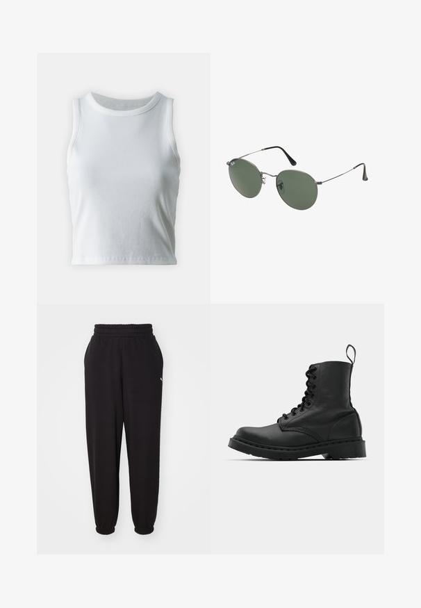 Witte geribde tanktop met een ronde halslijn en mouwloos ontwerp, voorzien van een rechte zoom en een gladde, rekbare textuur.; Zwarte sweatpants van zachte stof, met een geribde tailleband en verjongde enkels. Inclusief een klein logoaccent aan de zijkant.; Zwarte leren gevechtslaars met een ronde neus, vetersluiting aan de voorkant en een lusje bij de enkel. Kenmerkt zich door een dikke rubberen zool voor duurzaamheid.; Metalen zonnebril met ovale groene lenzen. Dunne zilveren metalen rand en zwarte oorstoppers. Minimalistisch ontwerp, zonder zichtbare logo's.